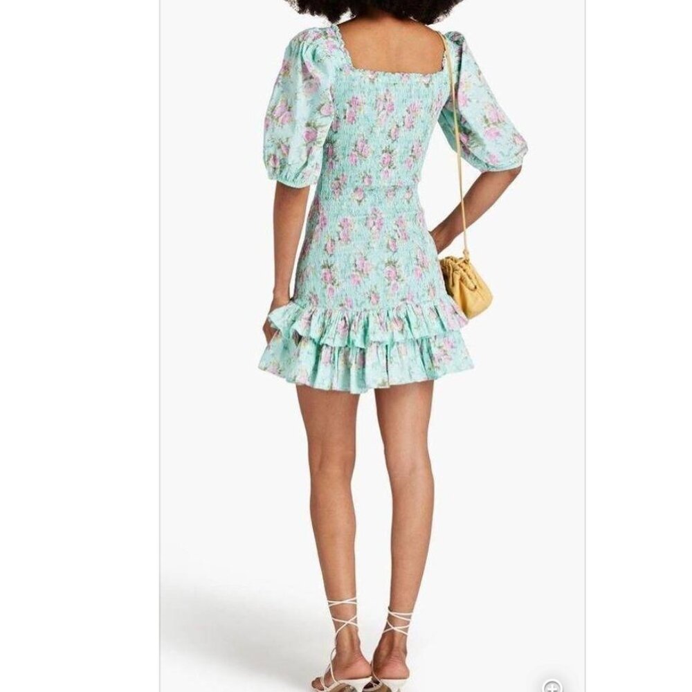 BYTIMO Dropped Waist Camelia Shirred Floral-print Cotton Mini Dress Turquoise M - Picture 2 of 12
